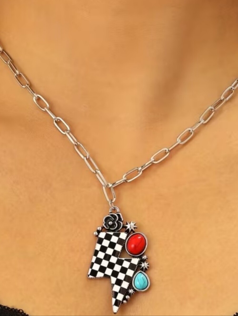 Western Checkered Lightning  Bolt Pendant Necklace Silver Plate Turquoise & Red